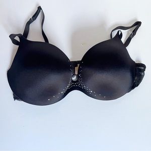 36C black satin-style bra with rhinestones